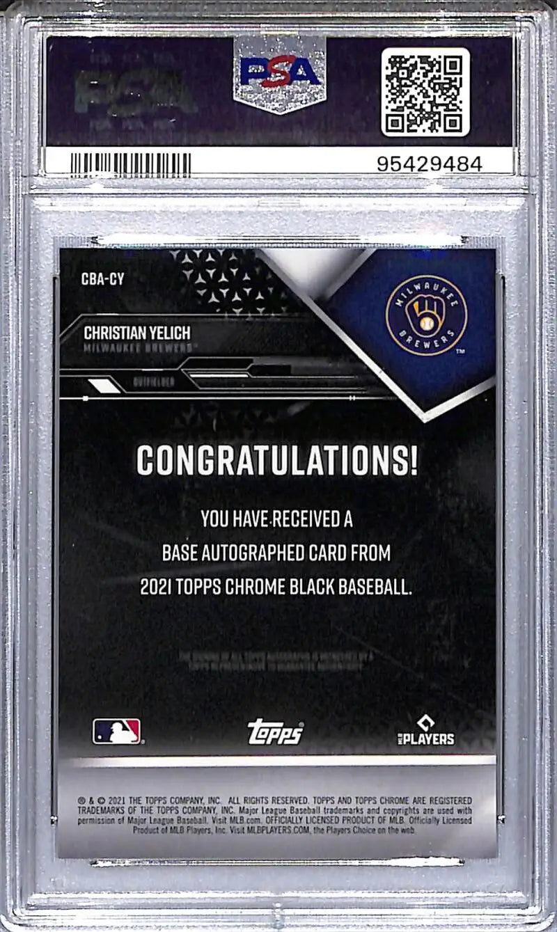 PSA-graded Christian Yelich autographed baseball card from 2021 Topps Chrome Black