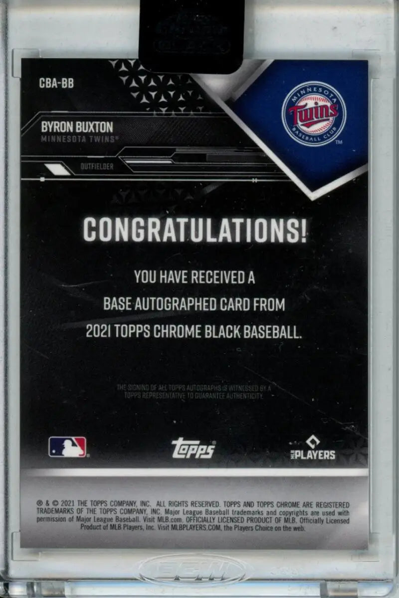 Back of 2021 Topps Chrome Black Refractor Byron Buxton autographed card with Twins logo