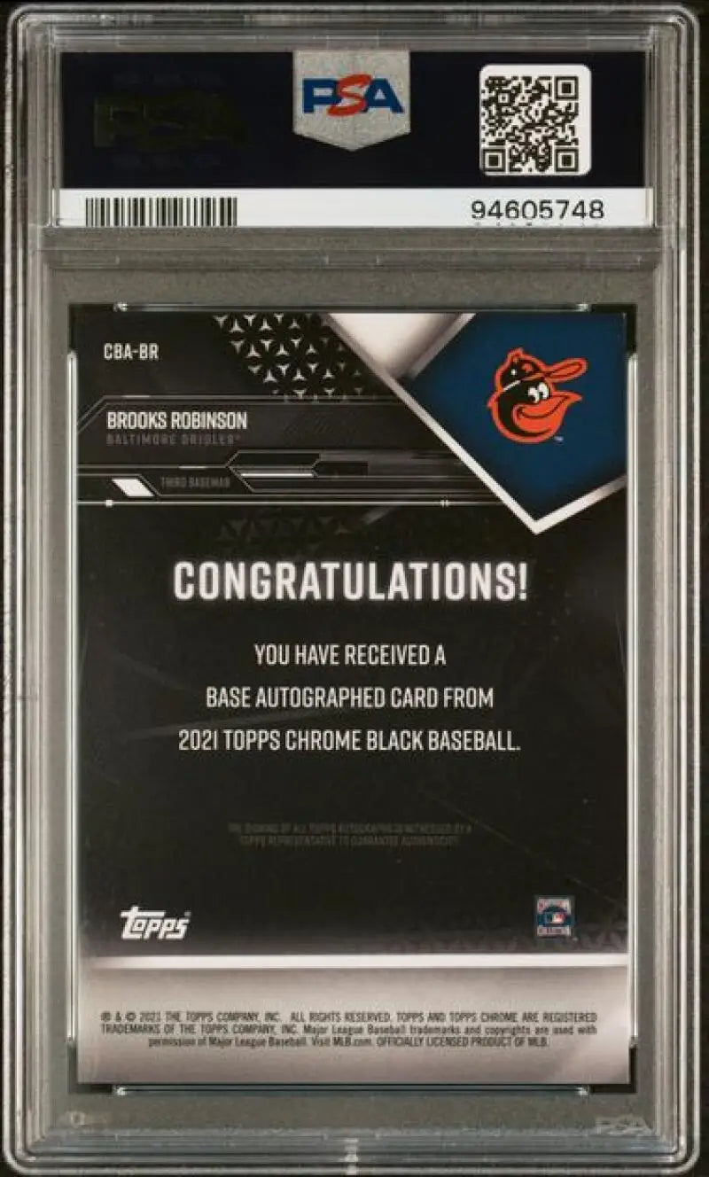 PSA-graded 2020 Topps Chrome Black autographed Brooks Robinson GEM MINT baseball card back
