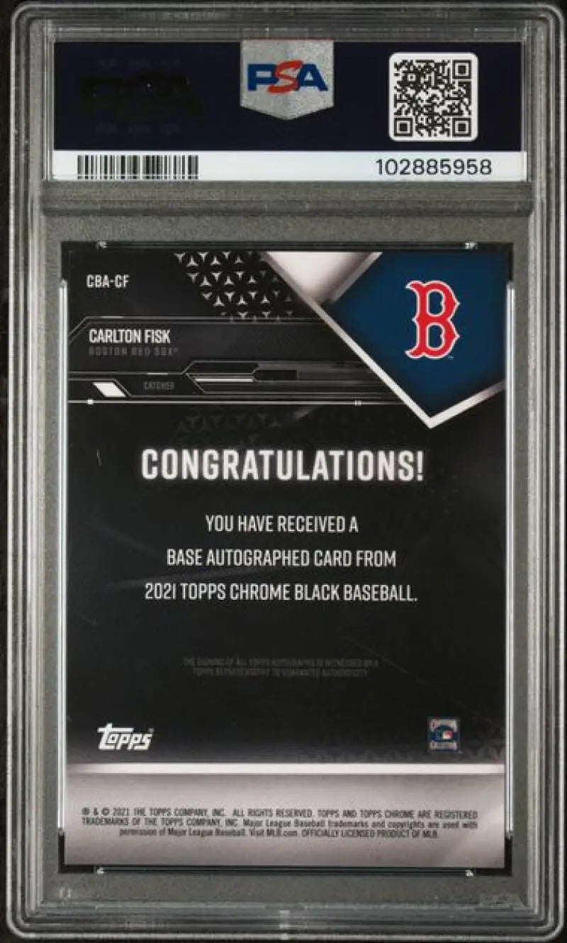 Graded Carlton Fisk Autographed 2021 Topps Chrome Black Refractor Green Baseball Card