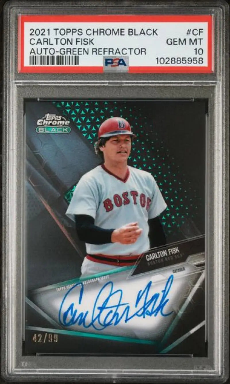 Graded Carlton Fisk autographed baseball card 2021 Topps Chrome Black Refractor Green