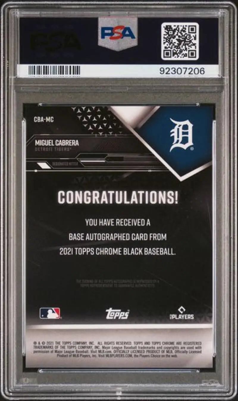 PSA 10 GEM MINT Miguel Cabrera Detroit Tigers baseball card with Congratulations autographed message