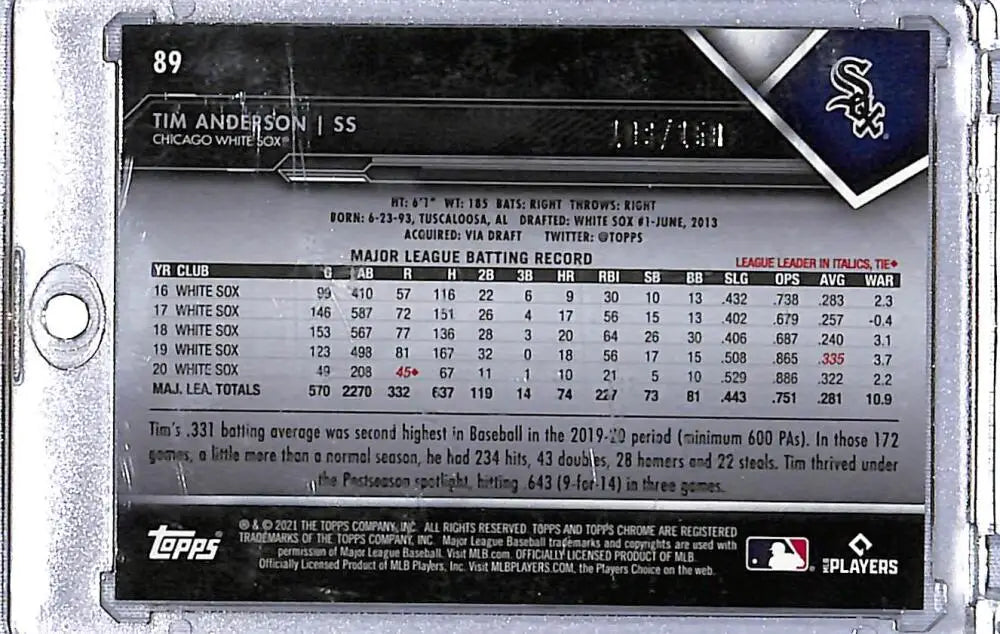 Tim Anderson baseball card from 2021 Topps Chrome Black Refractor, limited to 150