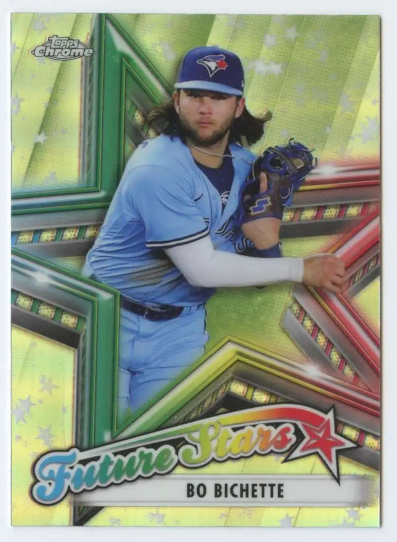 Baseball card of Bo Bichette, a future star for the Toronto Blue Jays in light blue uniform