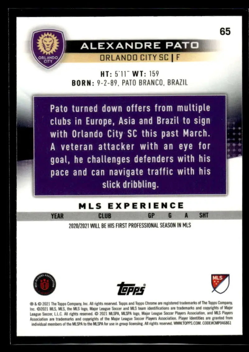 2021 Topps Chrome MLS #65 Alexandre Pato NM-MT Orlando City SC Soccer Card