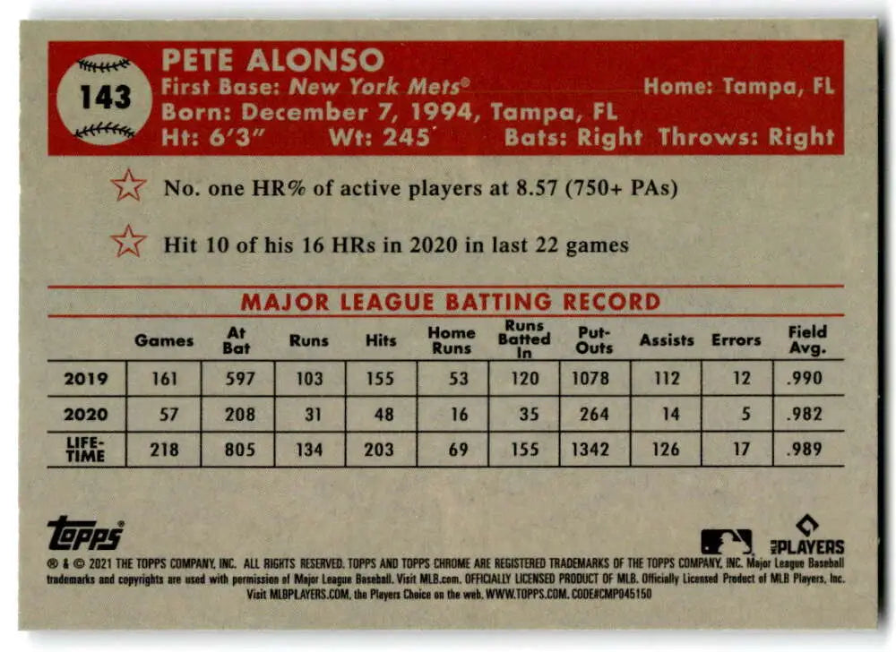 Baseball card featuring Pete Alonso’s MLB stats, Topps Chrome Platinum Anniversary design