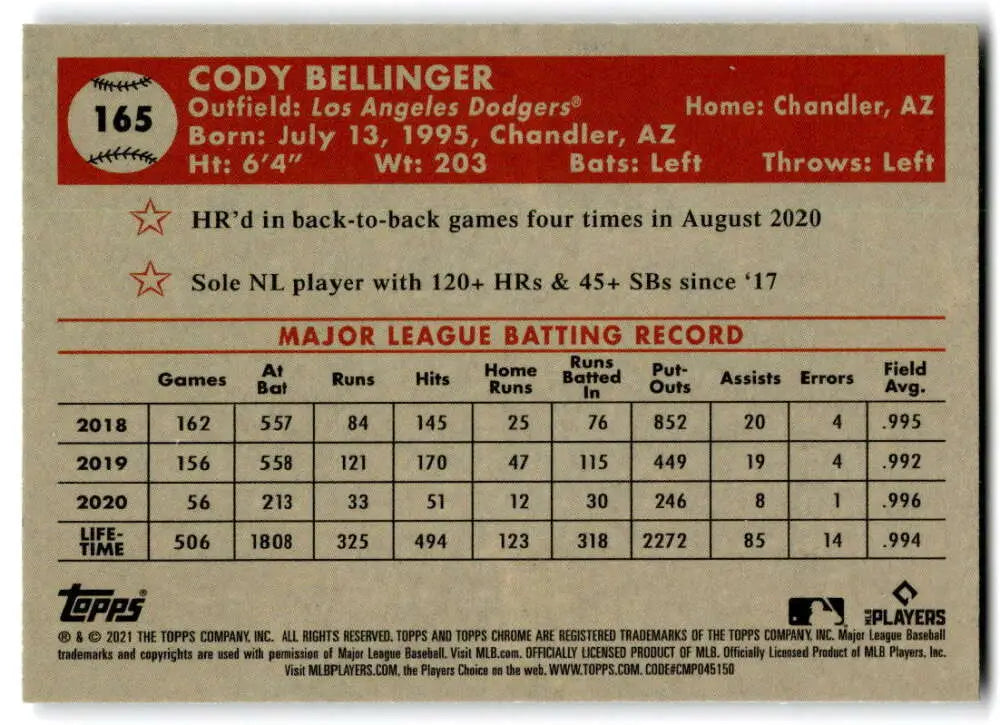 Cody Bellinger 2021 Topps Chrome Platinum Anniversary Baseball Card with MLB stats