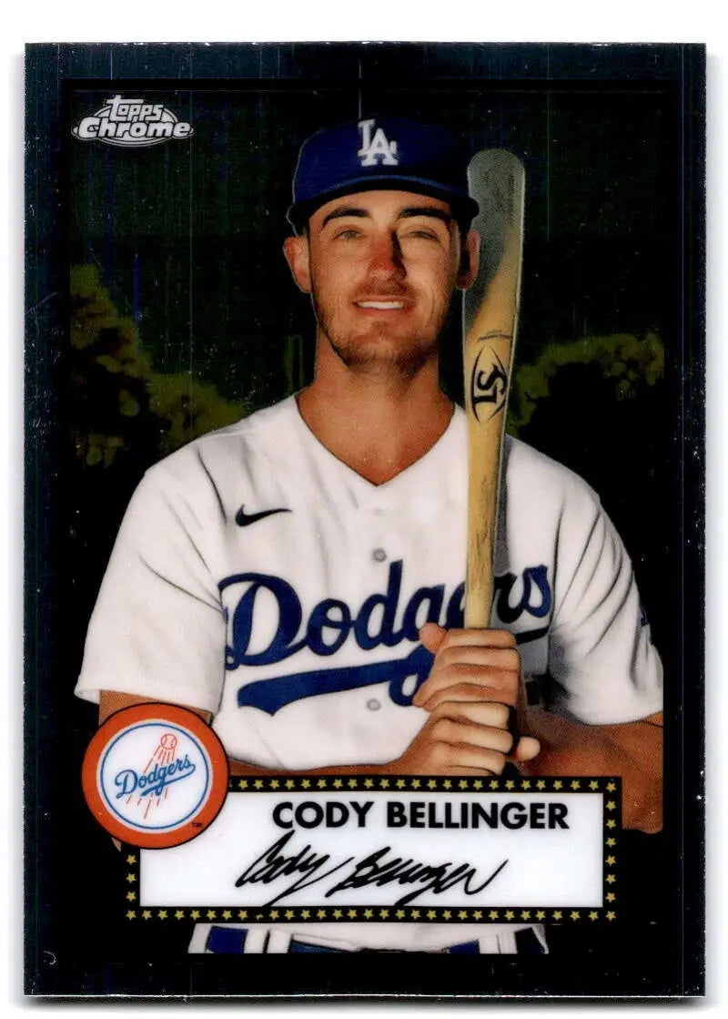 Cody Bellinger in white jersey on 2021 Topps Chrome Platinum Anniversary baseball card