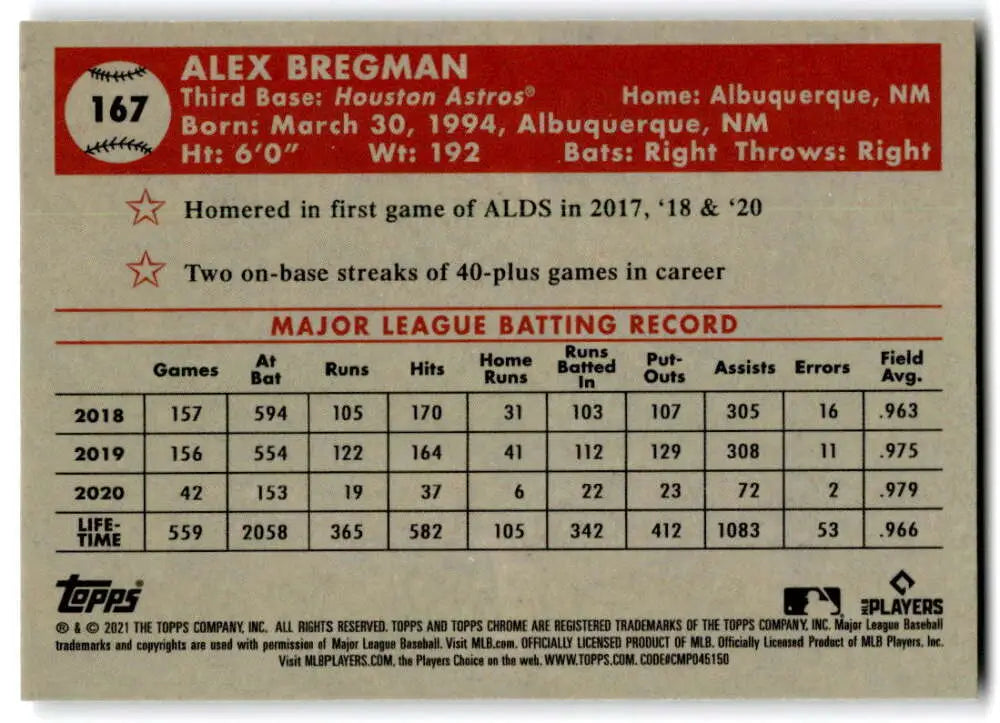 Baseball card featuring Alex Bregman’s stats, 2021 Topps Chrome Platinum, Houston Astros