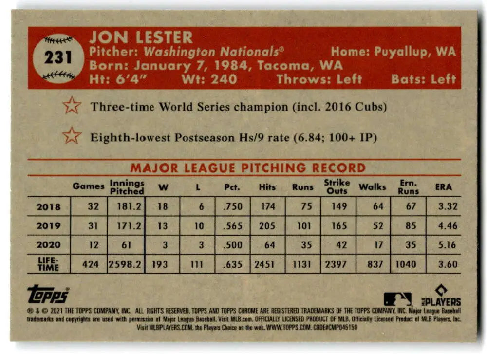 Jon Lester MLB statistics baseball card from 2021 Topps Chrome Platinum Anniversary series