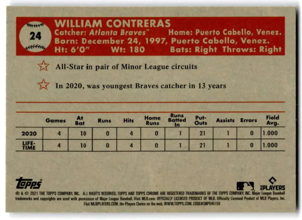 William Contreras Atlanta Braves Topps Chrome card featuring stats and biography