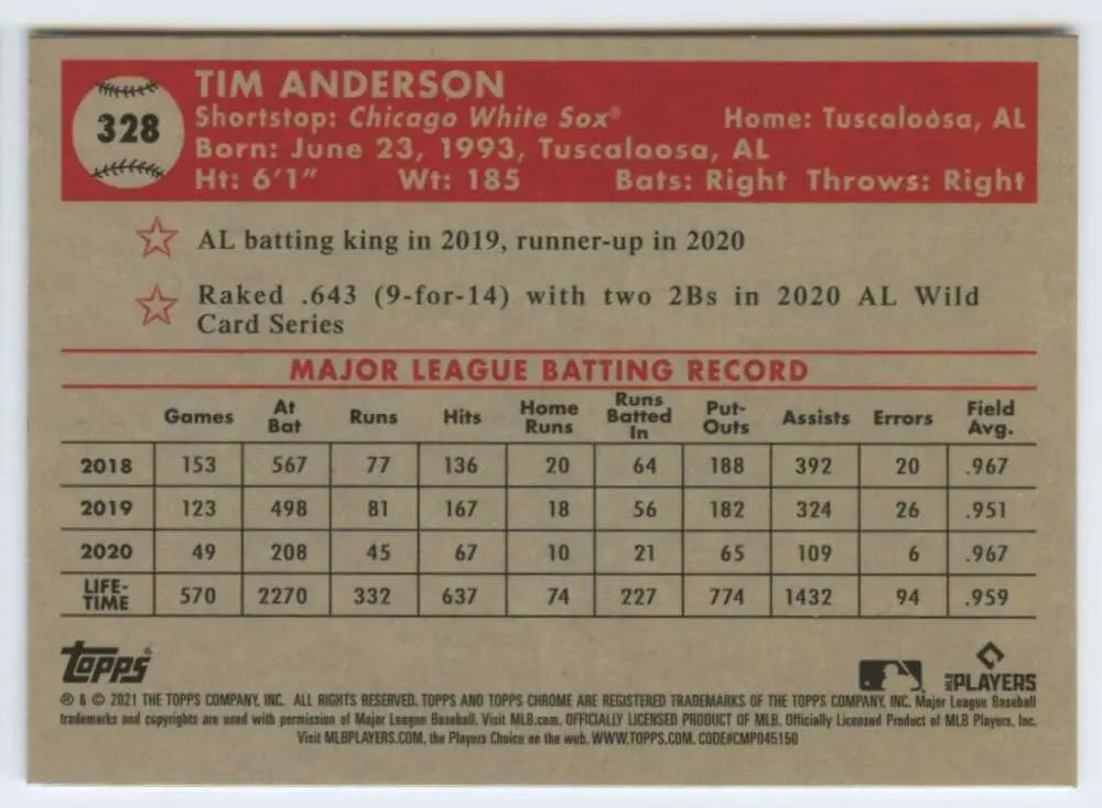 Tim Anderson baseball card showcasing statistics and career highlights with White Sox