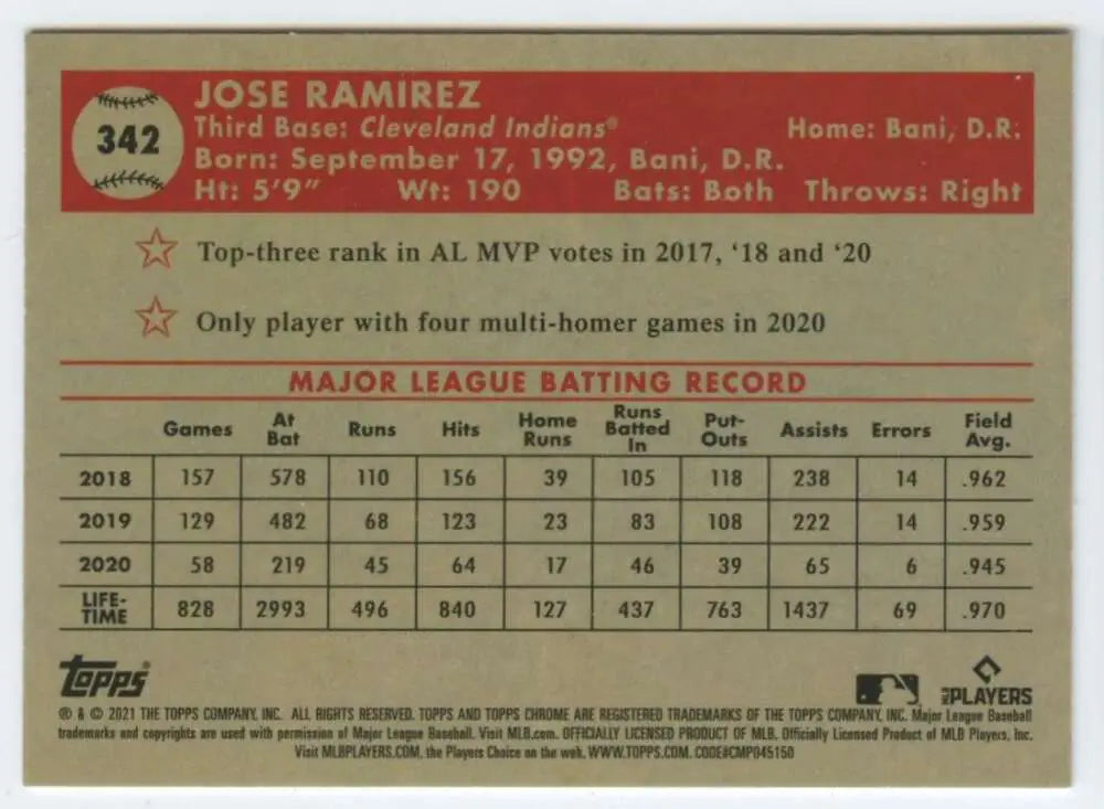 Jose Ramirez MLB batting statistics card from 2018-2020, Topps Chrome Platinum Anniversary