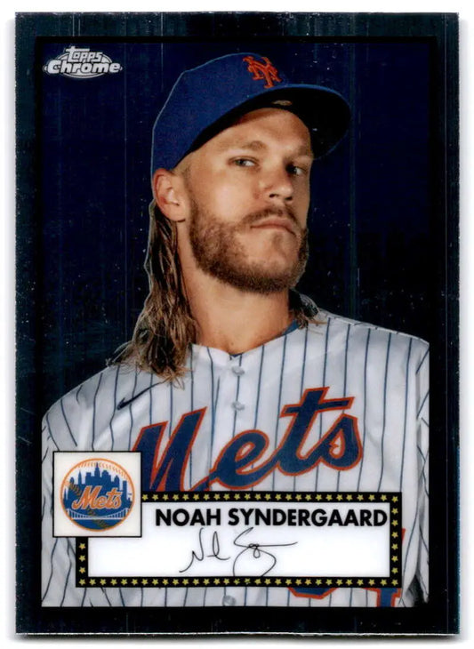 Noah Syndergaard New York Mets baseball card in pinstriped uniform and blue cap