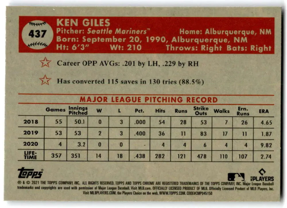 Baseball card featuring Ken Giles’ pitching stats with Seattle Mariners from Topps Chrome Platinum
