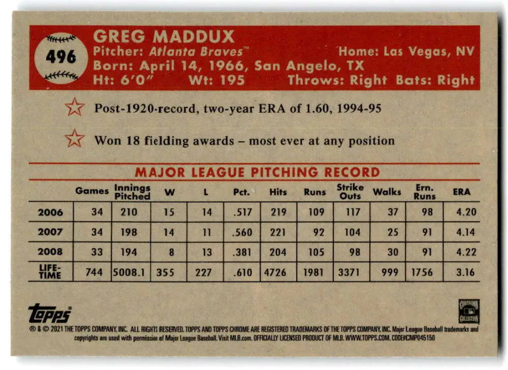 Greg Maddux career statistics on 2021 Topps Chrome Platinum Anniversary baseball card