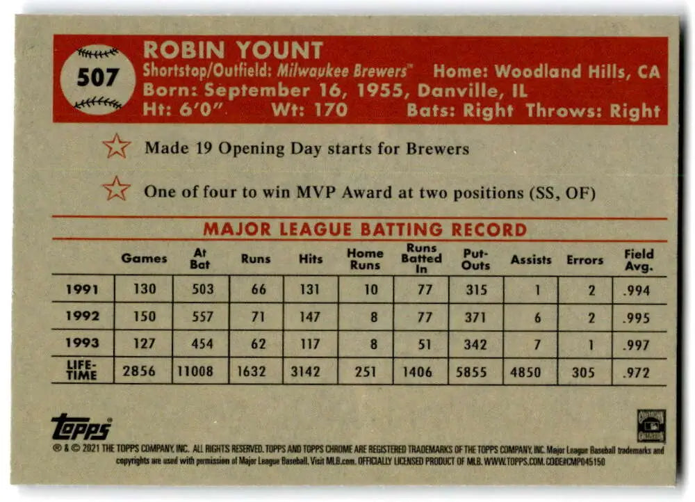 Robin Yount Baseball Card showcasing career stats 1991-1993, Topps Chrome Platinum, Milwaukee Brewers