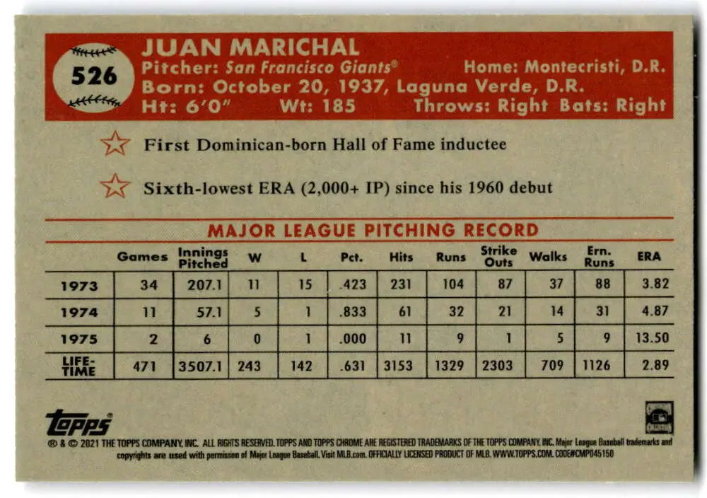 Juan Marichal pitching statistics on 2021 Topps Chrome Platinum Anniversary Baseball Card