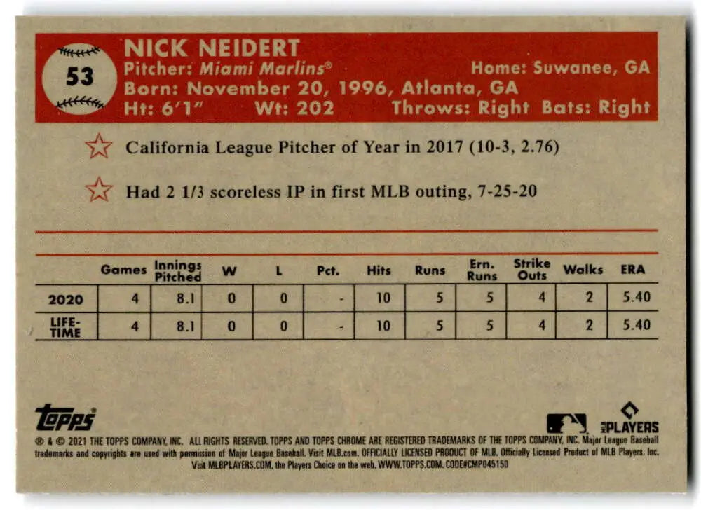 Nick Neidert 2021 Topps Chrome Platinum Anniversary Rookie Miami Marlins Baseball Card
