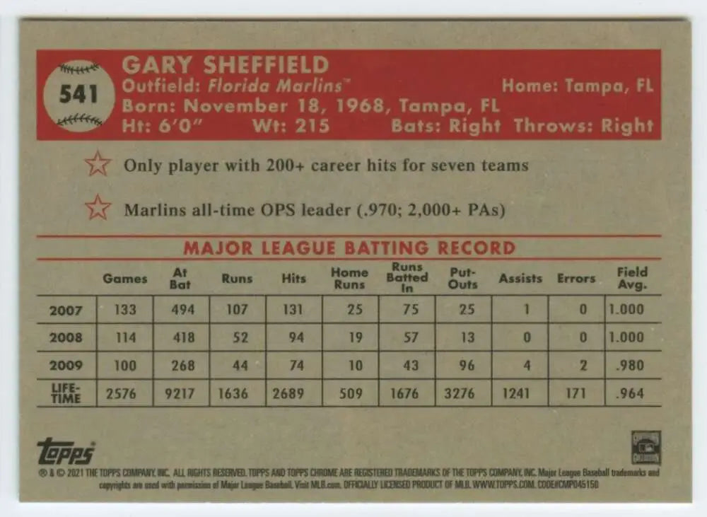 Gary Sheffield career statistics on 2021 Topps Chrome Platinum Florida Marlins card