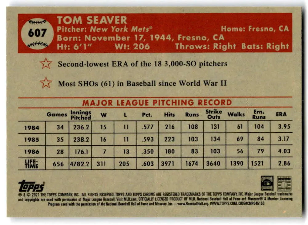 Tom Seaver Baseball Card with pitching stats from 1984-1986, Topps Chrome design
