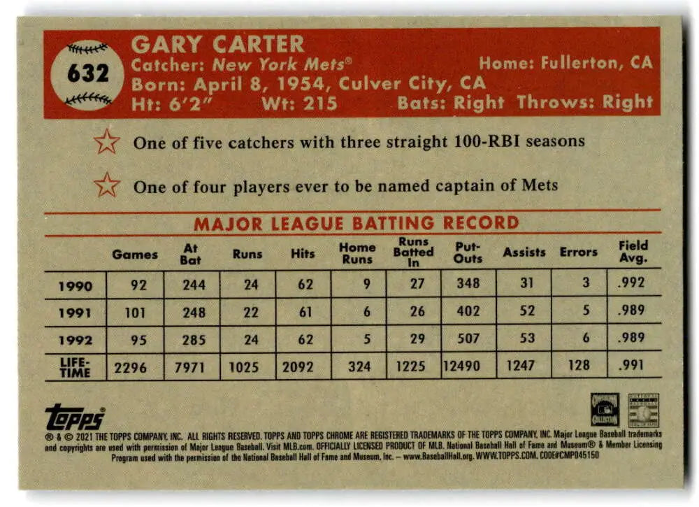 Gary Carter Major League batting statistics 1990-1991 on Topps Chrome Platinum card