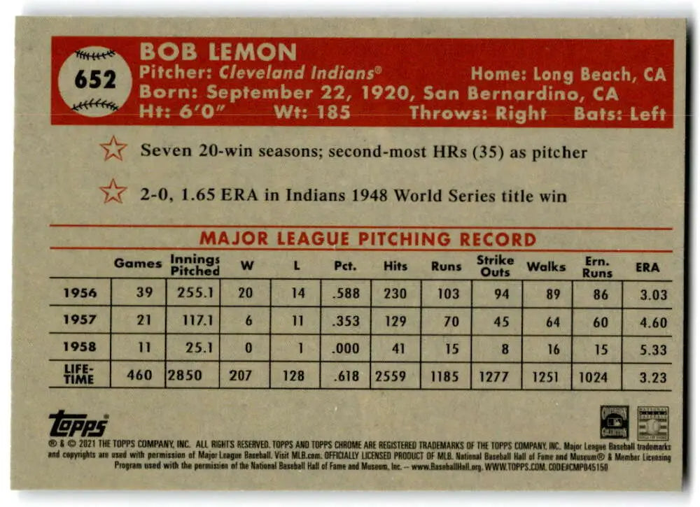 Baseball card featuring Bob Lemon’s career statistics with the Cleveland Indians