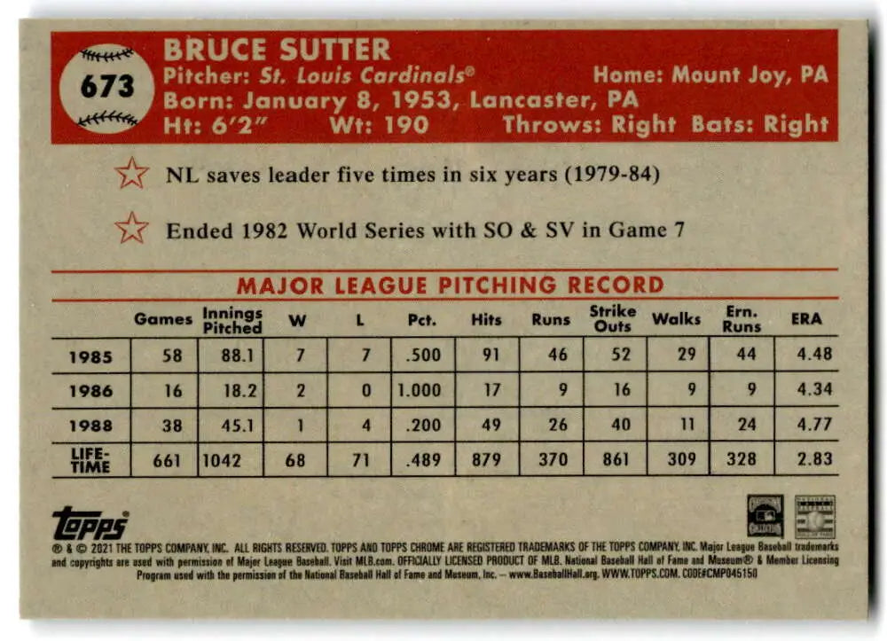 Baseball card featuring Bruce Sutter stats for St. Louis Cardinals pitching career