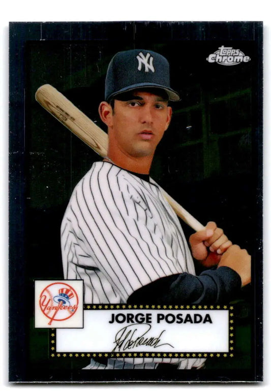 Baseball card of Jorge Posada in pinstripe uniform from Topps Chrome Platinum Anniversary