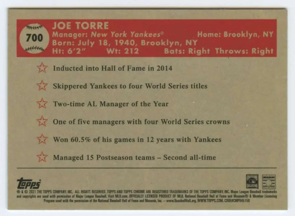 Joe Torre career highlights on 2021 Topps Chrome Platinum Anniversary baseball card