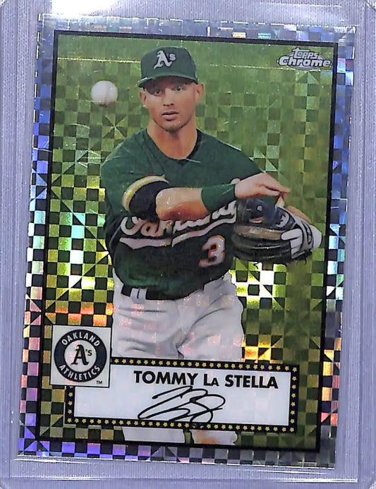 Tommy La Stella baseball card 2021 Topps Chrome Platinum Anniversary Refractor Prism