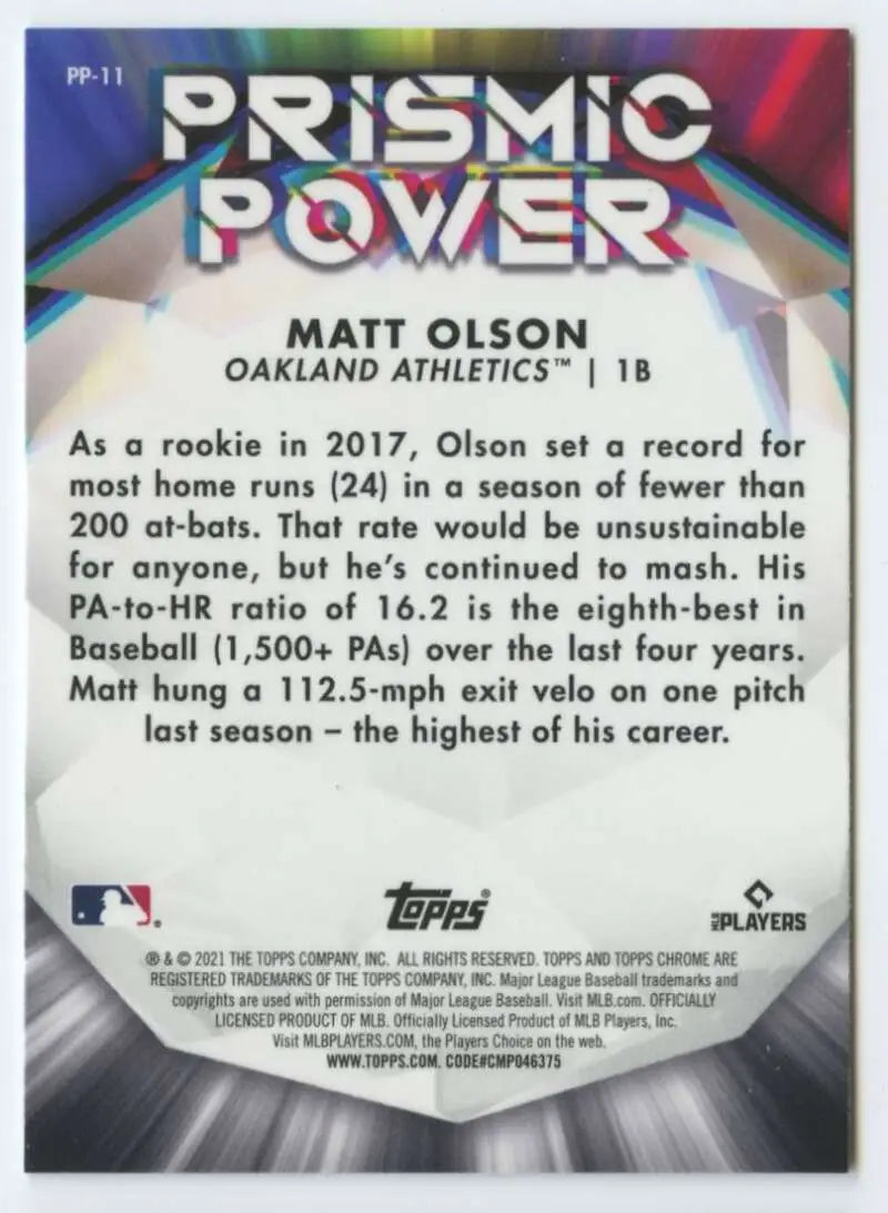 Baseball card featuring Prismic Power design and stats for Matt Olson, Oakland Athletics
