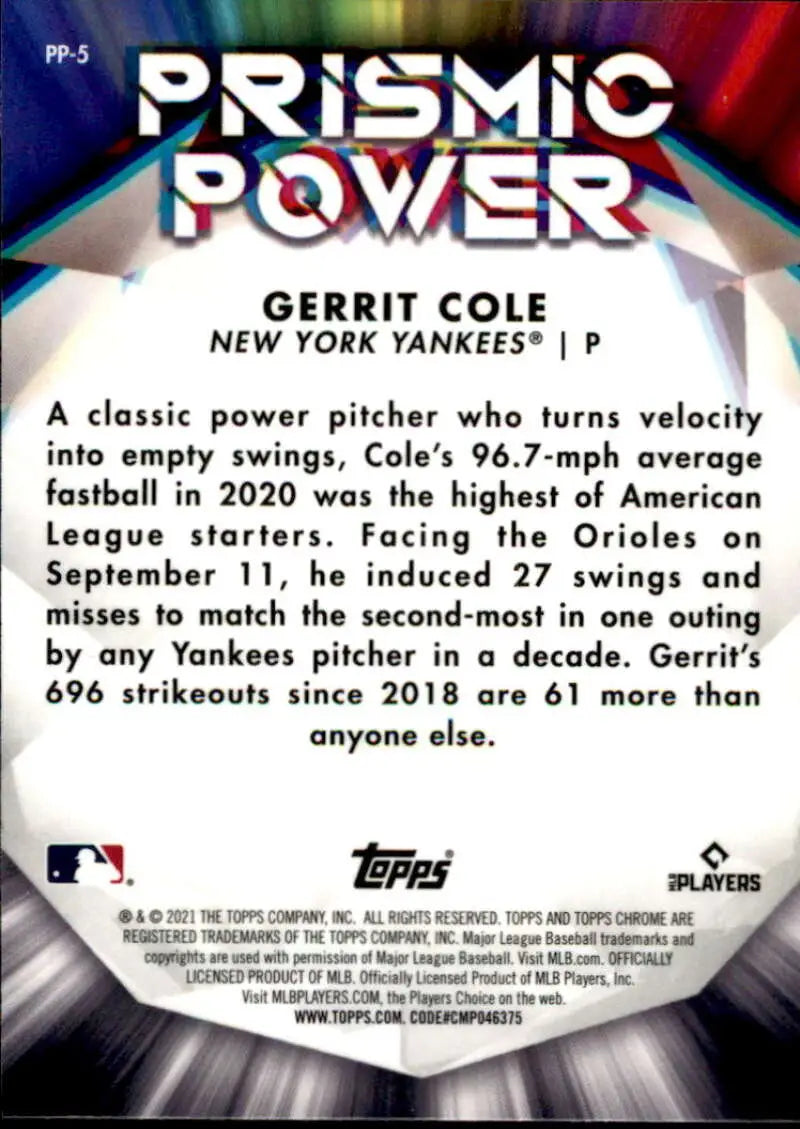 Baseball trading card featuring Prismic Power Refractor Gerrit Cole statistics for Yankees