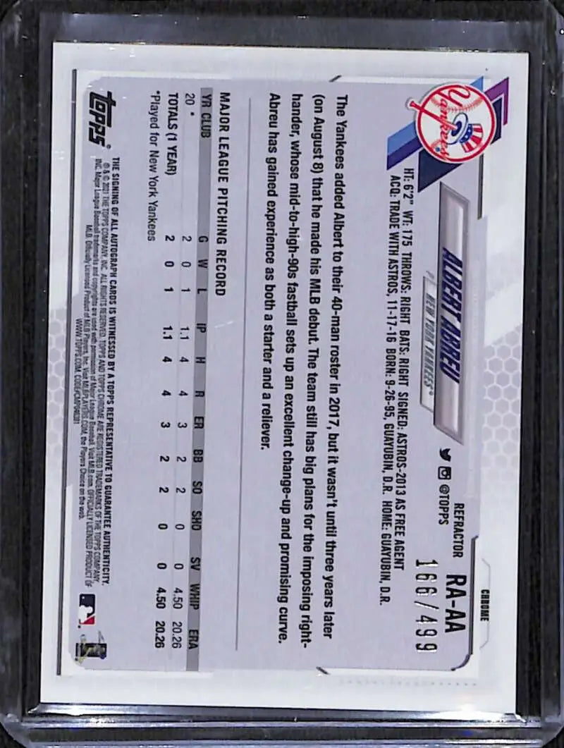 Back side of 2021 Topps Chrome Albert Abreu Rookie Auto Refractor baseball card