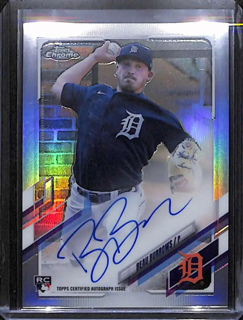 Chrome-finish Beau Burrows Rookie Auto baseball card with pitcher action shot