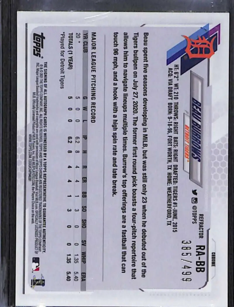 Backside view of 2021 Topps Chrome Beau Burrows Rookie Auto Baseball Card statistics