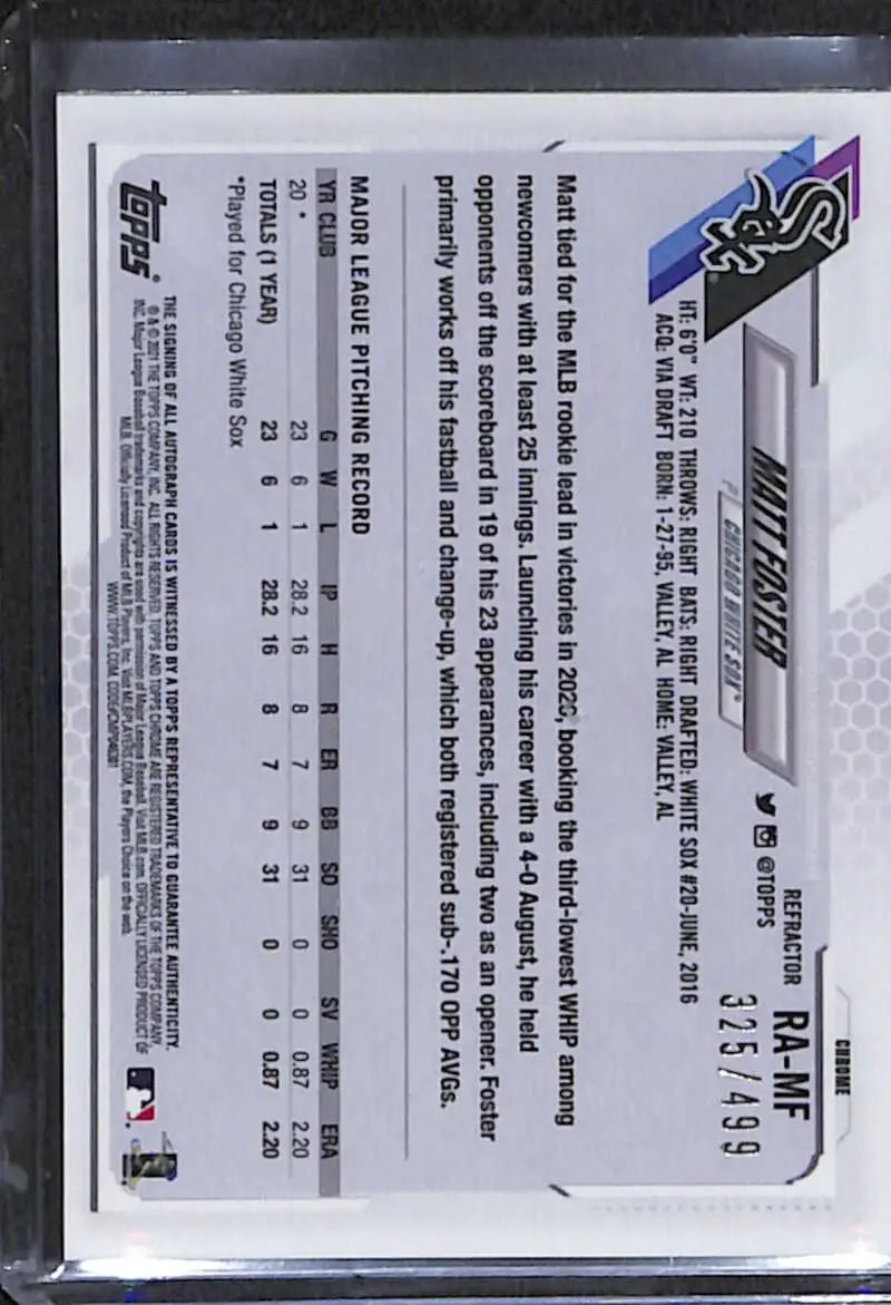 Back side of 2021 Topps Chrome Matt Foster Rookie Baseball Card displaying statistics