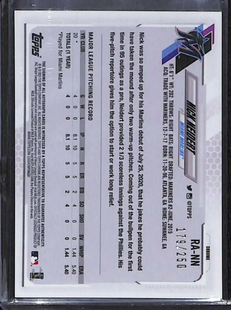 Back side of 2021 Topps Chrome Nick Neidert Rookie Auto Purple Refractor card with stats