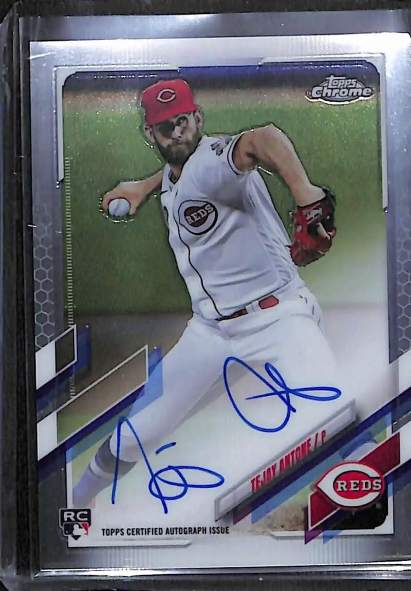 Signed Tejay Antone Topps Chrome baseball card featuring pitcher in action