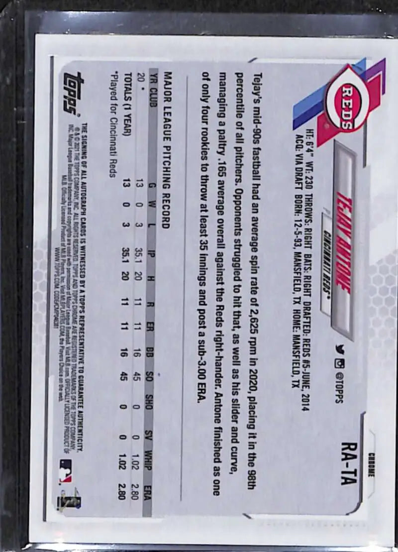 Back of 2021 Topps Chrome Tejay Antone Rookie Auto Baseball Card with statistics
