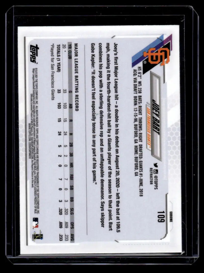 Back of 2021 Topps Chrome Refractor Joey Bart rookie card with stats for San Francisco Giants