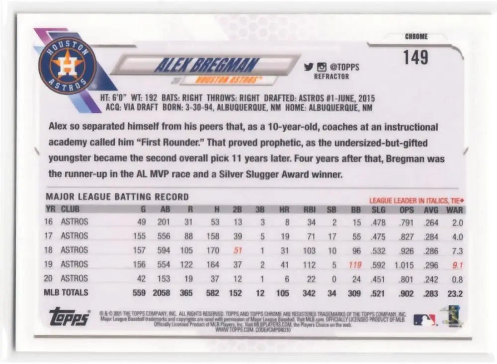 Baseball trading card featuring Alex Bregman stats for the Houston Astros Topps Chrome Refractor
