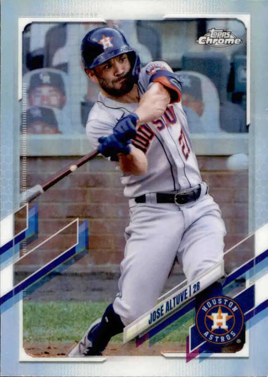 Jose Altuve mid-swing on 2021 Topps Chrome Refractor Houston Astros card