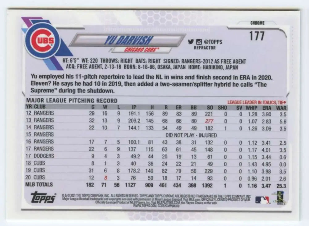 2021 Topps Chrome Refractor #177 Yu Darvish Chicago Cubs Baseball Card statistics