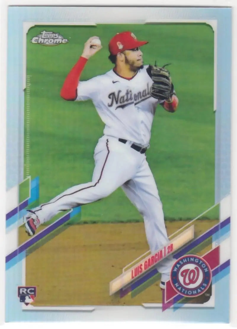 Luis Garcia mid-throw on a 2021 Topps Chrome Refractor #189 Washington Nationals card
