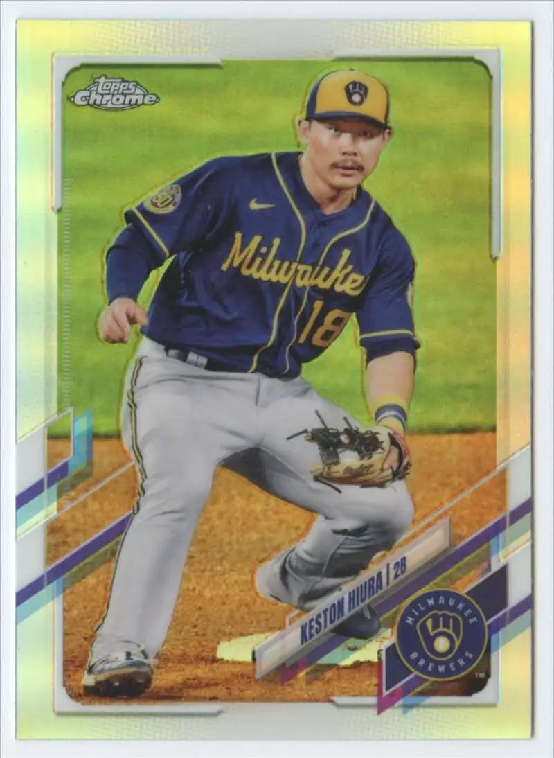 Keston Hiura fielding a ground ball in Milwaukee Brewers navy uniform Topps Chrome Refractor