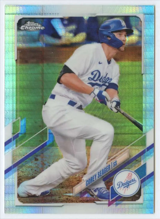 Chrome Refractor Prism baseball card of Corey Seager in Dodgers uniform at bat