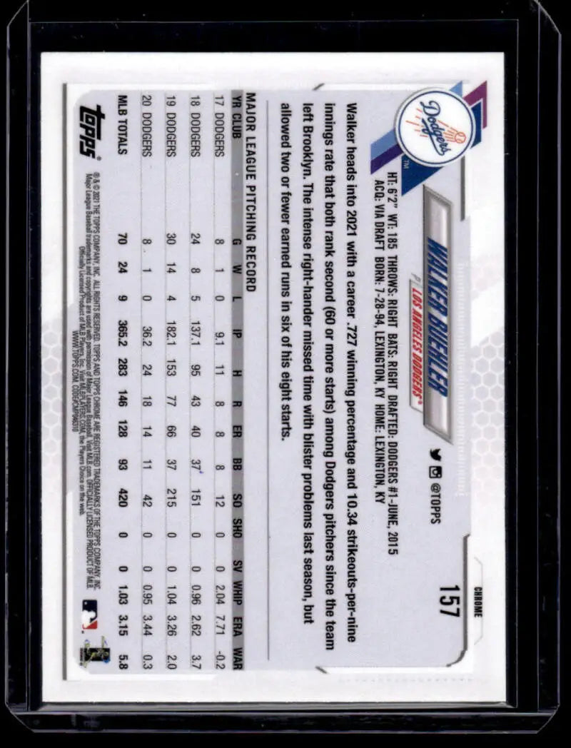 Back of 2021 Topps Chrome Refractor Prism #157 Walker Buehler Los Angeles Dodgers card
