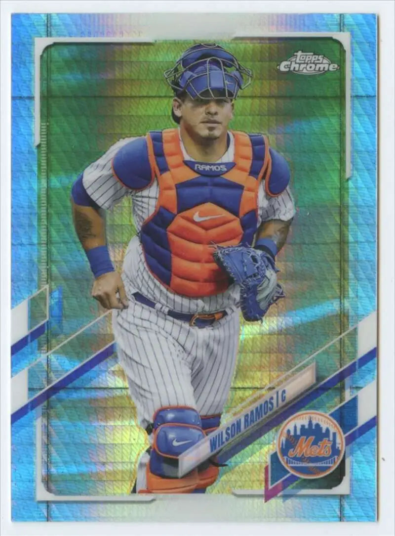 Wilson Ramos Topps Chrome Refractor Prism baseball card in Mets pinstripes and gear