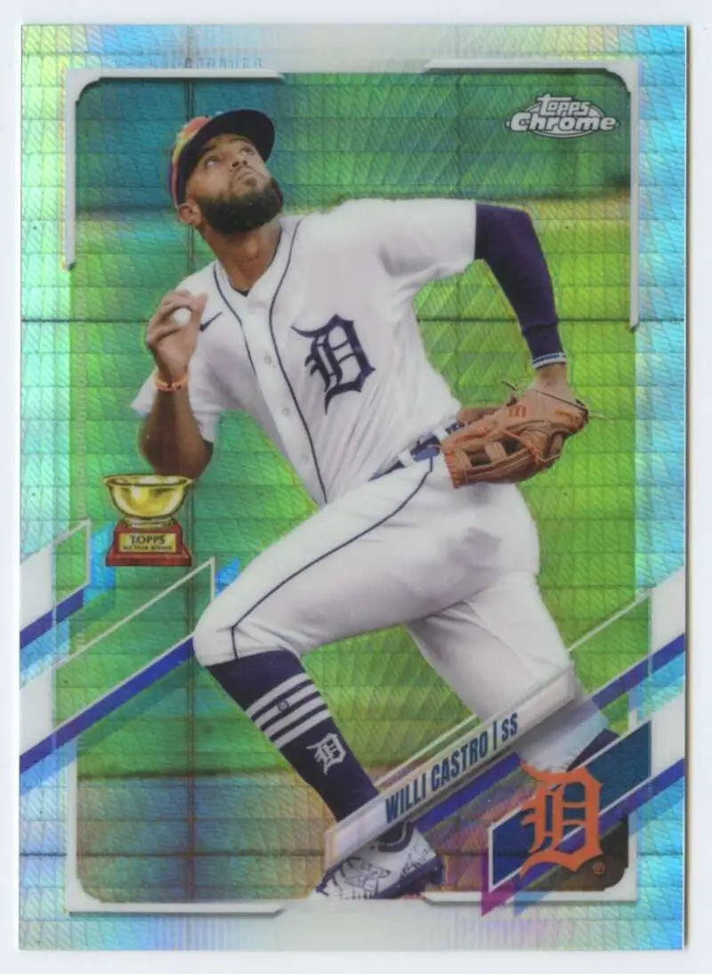 Willi Castro in white home uniform throwing ball on 2021 Topps Chrome Refractor Prism baseball card